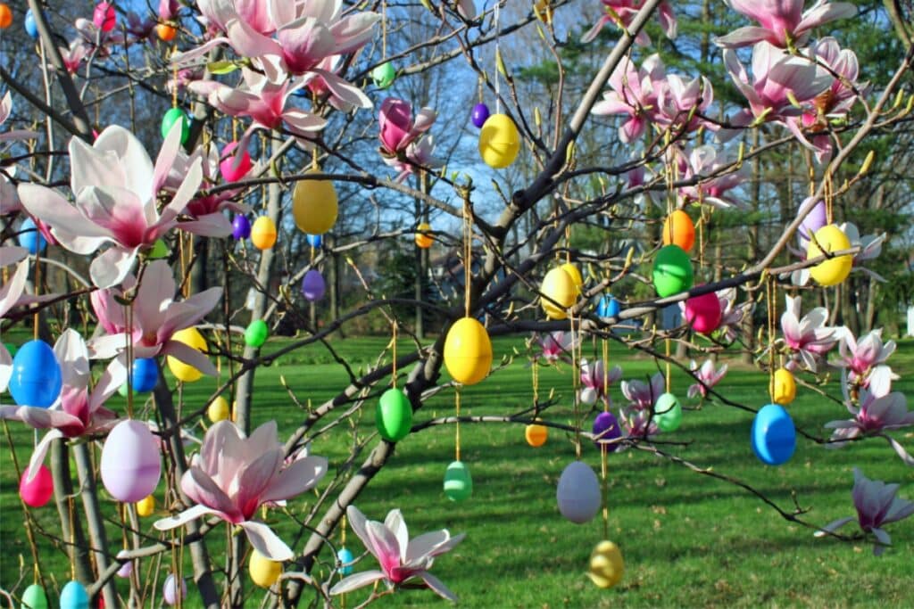 A tree adorned with vibrant, colorful eggs hanging from its branches, creating a festive and cheerful atmosphere.